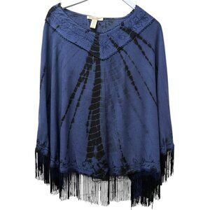 Studio West Boho Poncho Plus Size 2X Blue Tie Dye Fringe Cape Top